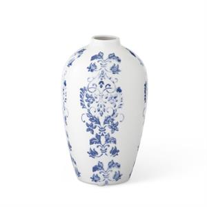 Blue and White Floral Striped Ceramic Vase - 7.75"