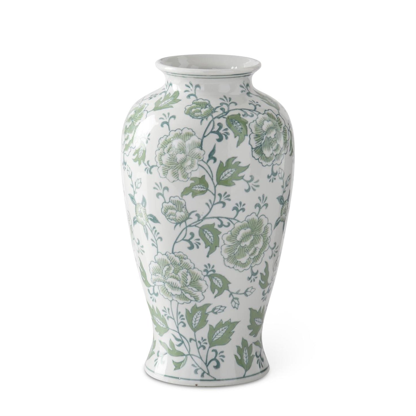 Green and White Floral Ceramic Vase - 12.25"