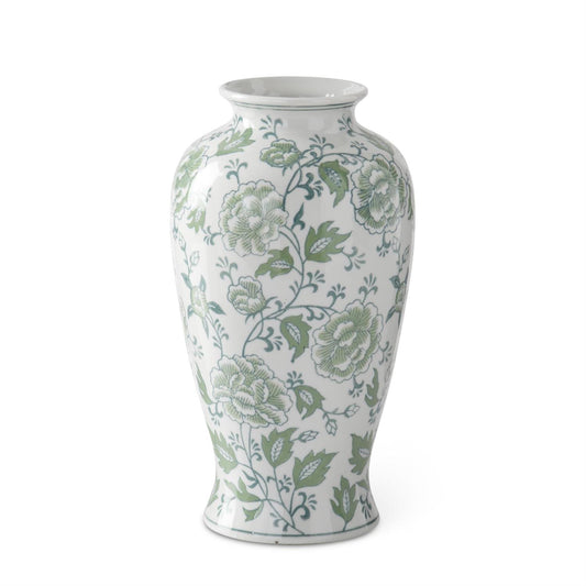 Green and White Floral Ceramic Vase - 12.25"