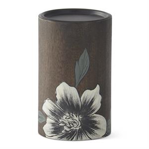 Dark Brown Wood W/Hand painted White Floral Pillar Candle Holder - 6"H