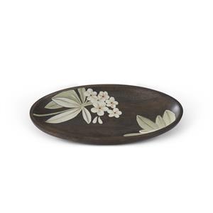 Dark Brown Wood W/Hand painted White Floral Oval Tray - 11.75"