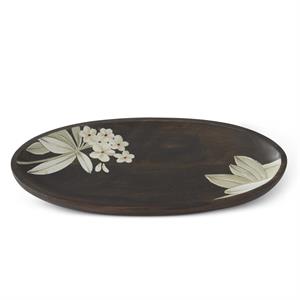 Dark Brown Wood W/Hand painted White Floral Oval Tray - 15"