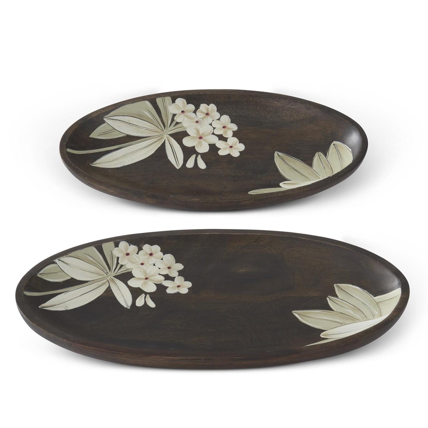 Dark Brown Wood W/Hand painted White Floral Oval Tray - 11.75"