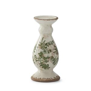 Ceramic Chinoiserie Candleholder, Green & Cream W/Brown Crackled - 10.5"