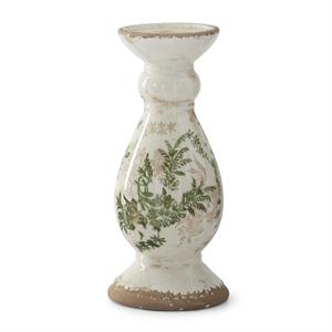 Ceramic Chinoiserie Candleholder, Green & Cream W/Brown Crackled - 12.5"
