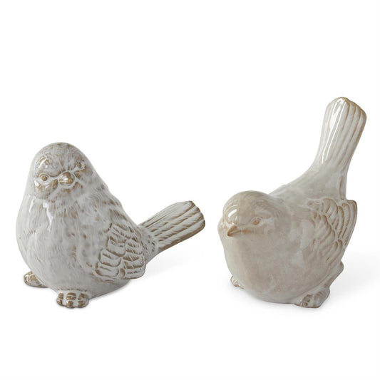 Cream and Taupe Glazed Ceramic Birds - 2 Assorted Styles, 4.25"