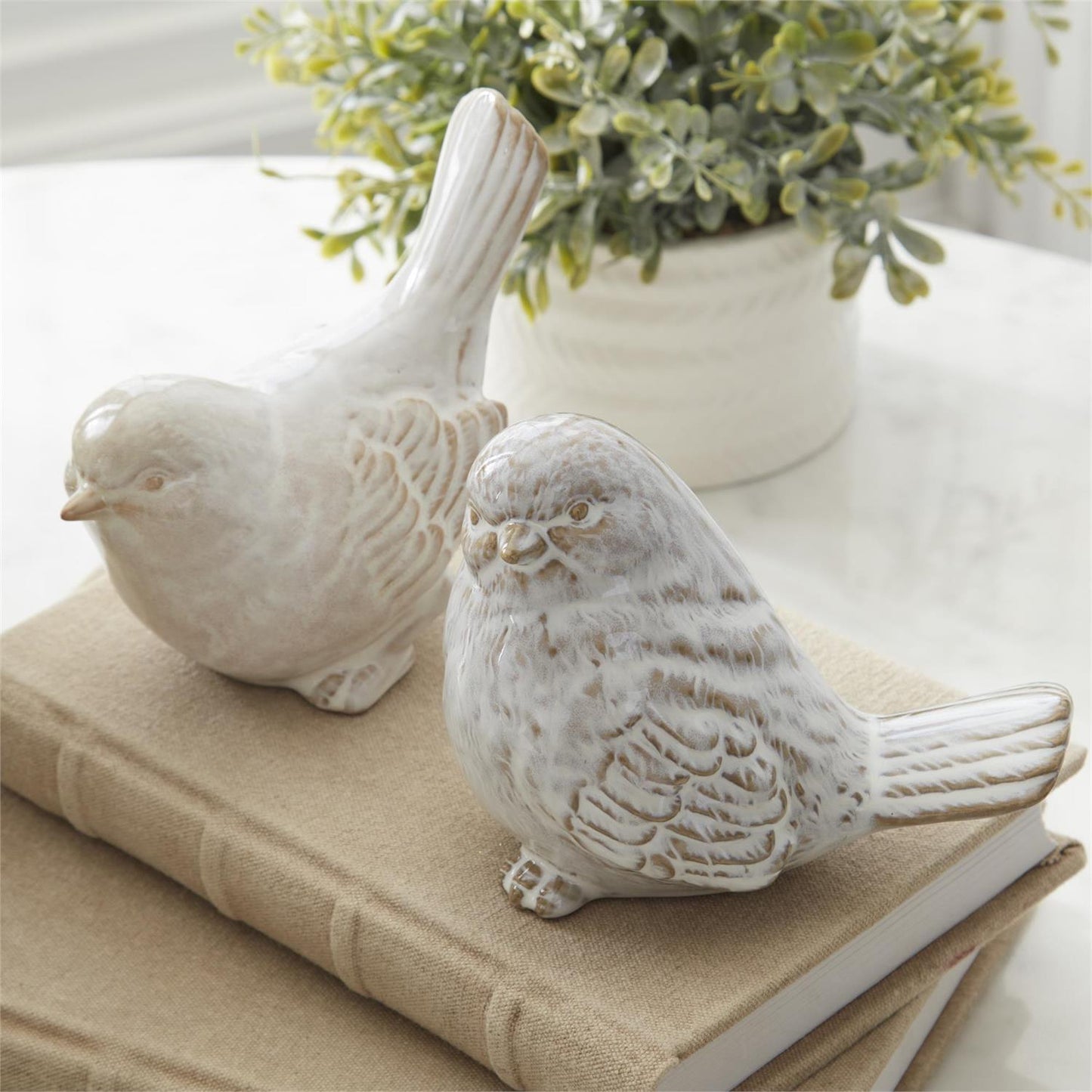 Cream and Taupe Glazed Ceramic Birds - 2 Assorted Styles, 4.25"