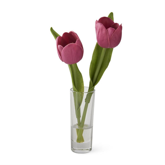 Real Touch Double Tulip Premade in Glass Vase w/Faux Water - Fuchsia, 8.5"