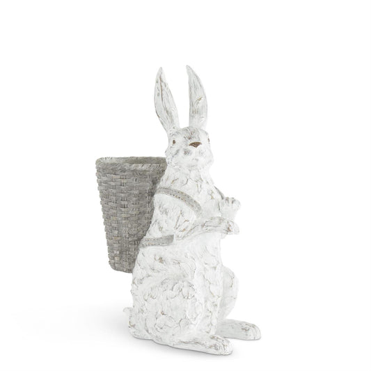Whitewashed Resin Bunny w/Open Basket - 16.5"