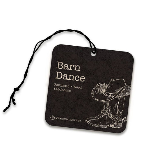 Black air freshener with 'Barn Dance' scent and cowboy boot illustration on a white background