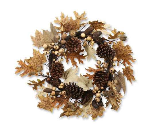 24" Maple and Oak Leaf Wreath w/Pine Cones and Berries