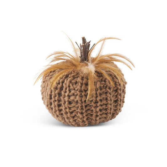 5" Brown Crochet Pumpkin W/Wood Stem and Feathers