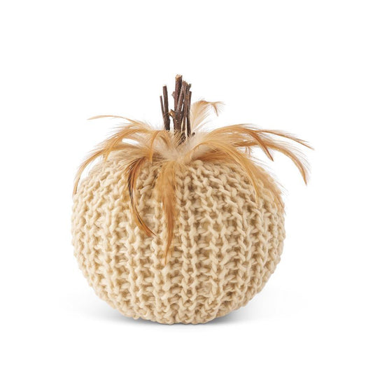 7" Cream Crochet Pumpkin w/Wood Stem and Feathers