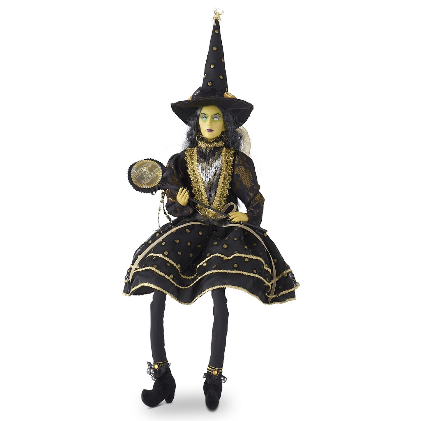 Sitting Witch W/Black and Gold Dot Dress - 28"