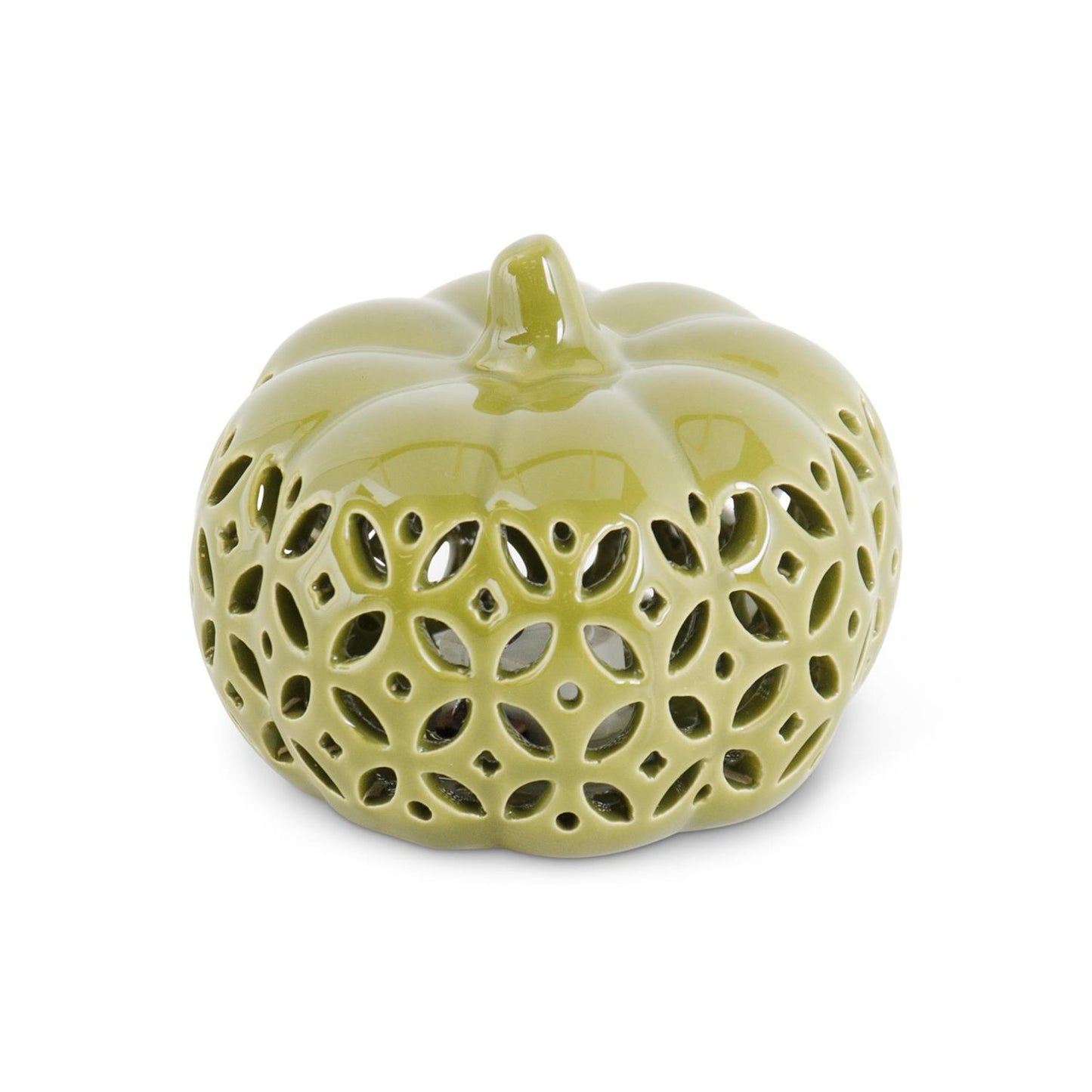 Green Cutout LED Pumpkin with Timer - Ceramic, 3.5"