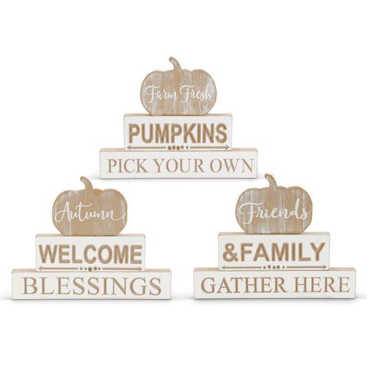 Assorted Engraved Harvest Message Stacked Wood Tabletops w/Pumpkin