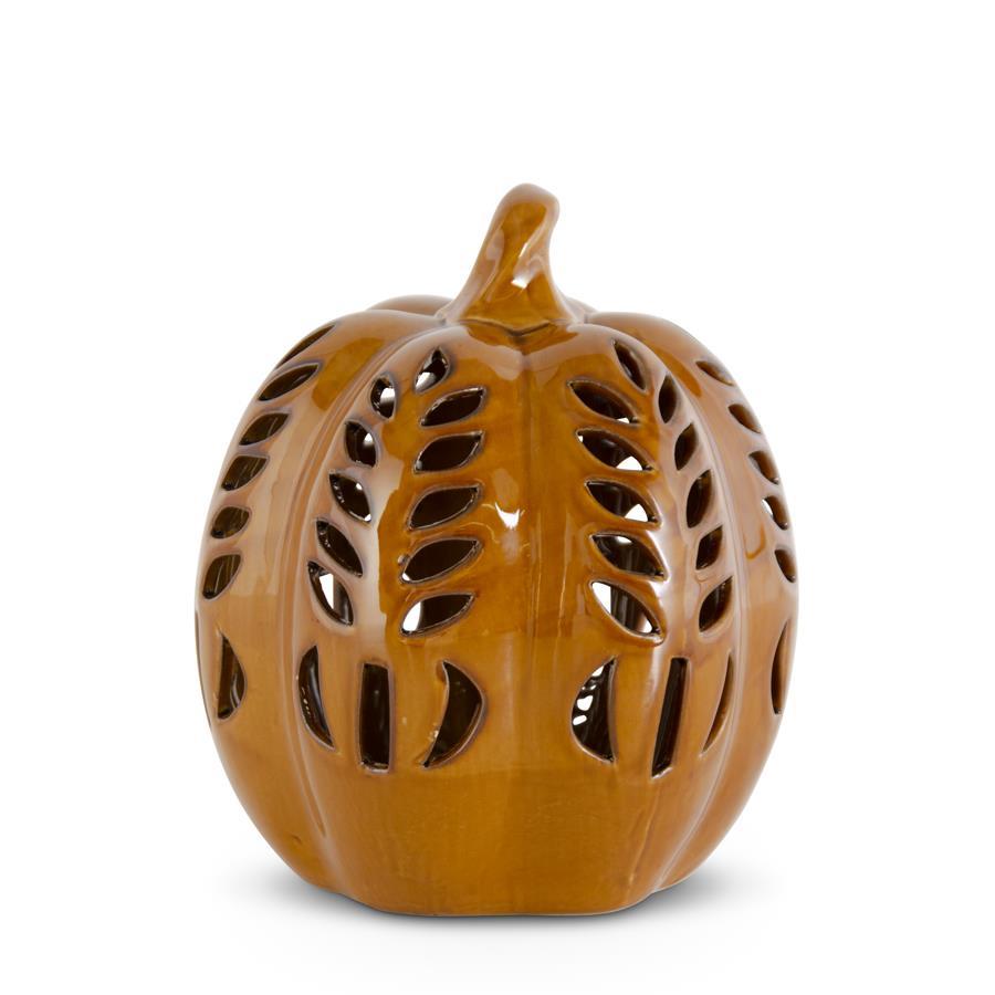 6.75" Brown Ceramic LED Cutout Pumpkin W/Timer