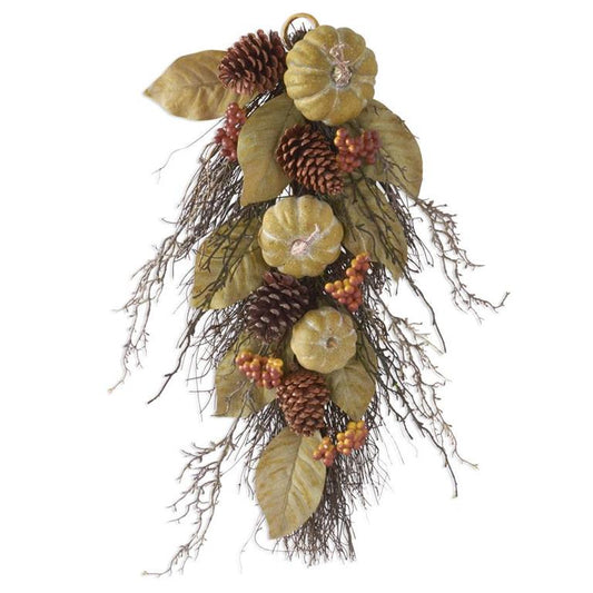 Sage Green Magnolia Leaves Teardrop w/Pumpkins and Twigs - 24"