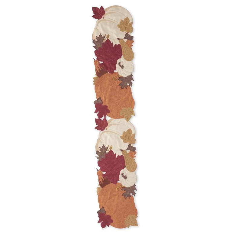 Brown Pumpkin and Fall Leaves Embroidered Cutout Table Runner - 70"