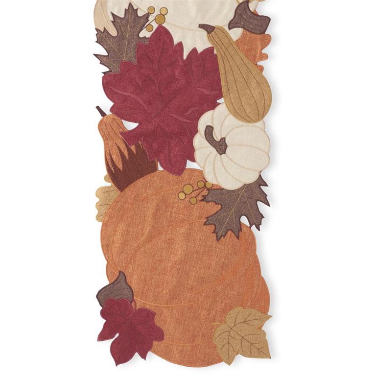 Brown Pumpkin and Fall Leaves Embroidered Cutout Table Runner - 70"