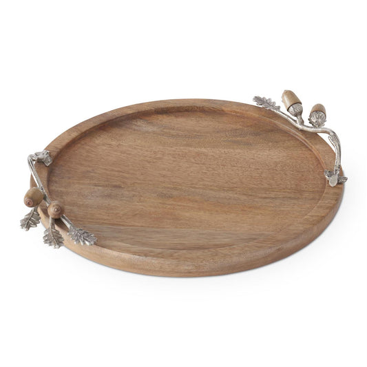 Round Wood Tray W/Silver Metal Handles and Acorns - 15.5"