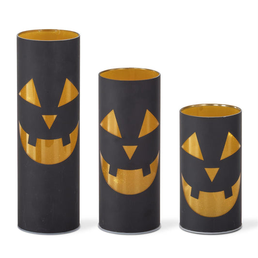 Black and Gold Laser Engraved Jack o Lantern LED Cylinder - 8"