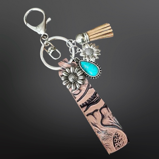 Faux Embossed Leather Western Keychain with Charms: Brown Sunflower