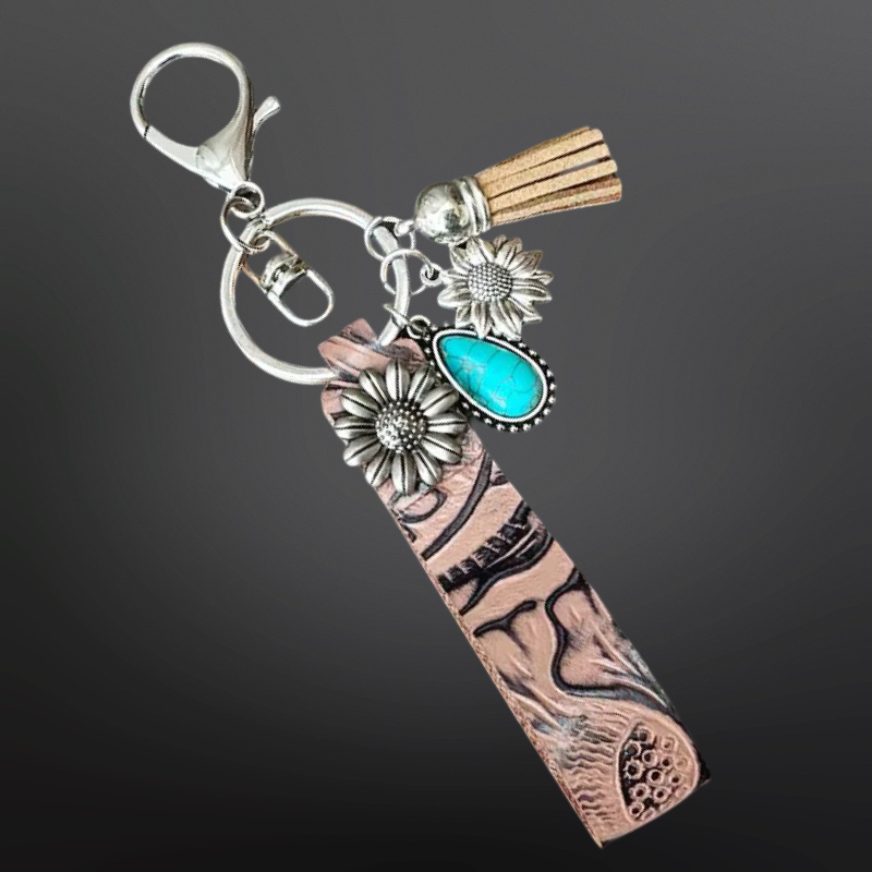 Faux Embossed Leather Western Keychain with Charms: Turquoise Sunflower