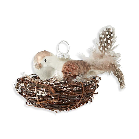 Mercury Glass Bird in Nest Ornament w/Feather Tail - 3.5"