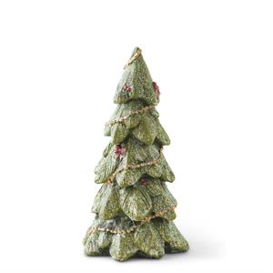 Green Glitter Tree W/Gold Garland and Red Bows - 4.5"