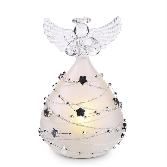 Frosted Glass LED Angel With Silver Star Garland - 5", Timer