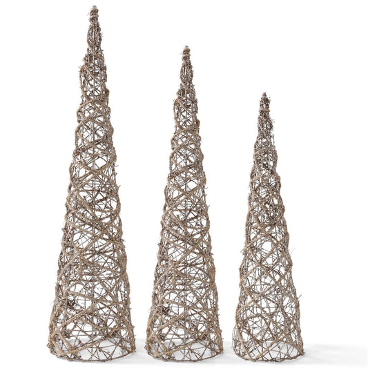 Glittered Rattan and Sisal Cone Trees - Set of 3, Gold