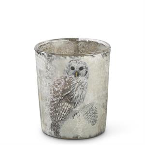 Glass Votive Holder With Snowy Owl - 2.5"