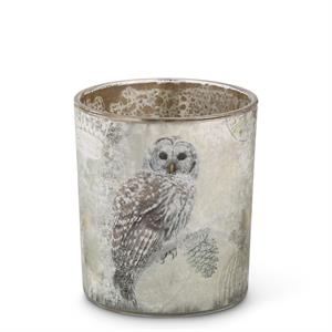 Glass Candle Holder with Snowy Owl - 3"