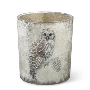 Glass Candle Holder With Snowy Owl - 4"