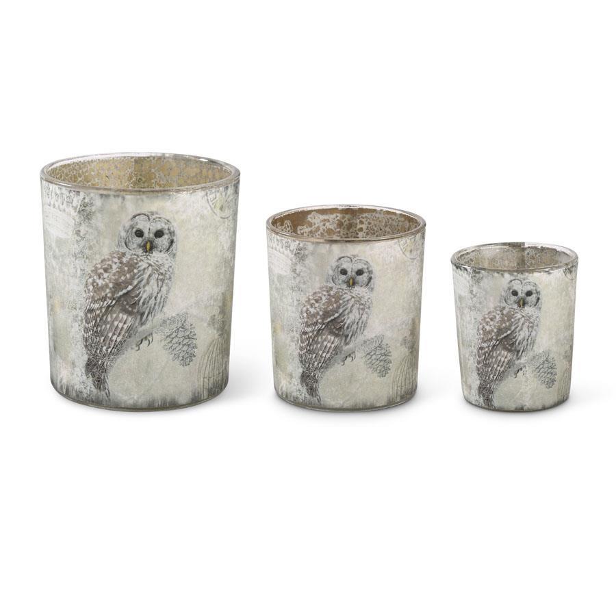 Glass Votive Holder With Snowy Owl - 2.5"