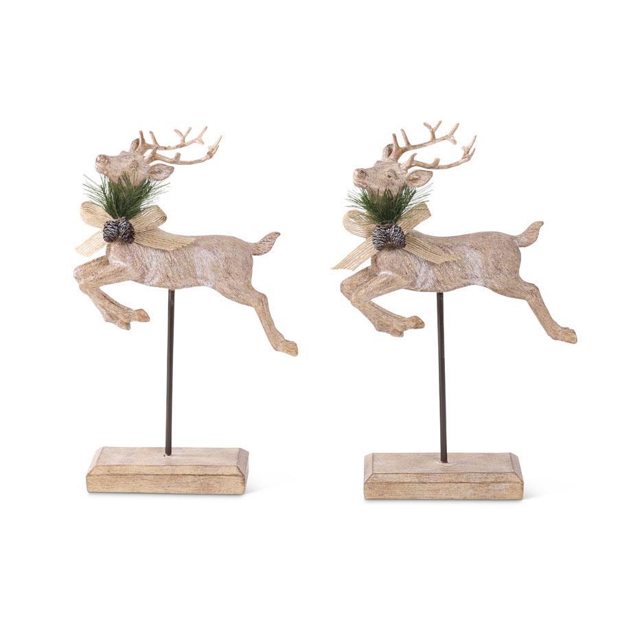 Woodgrain Jumping Reindeer W/Bow on Spindles - Resin, 8.75"H
