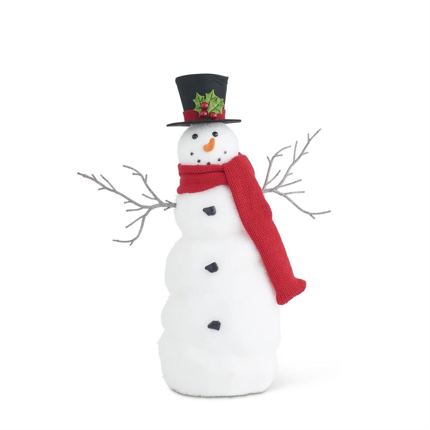 Glittered Snowman with Felt Hat, Twig Arms, and Red Scarf - 16.25"