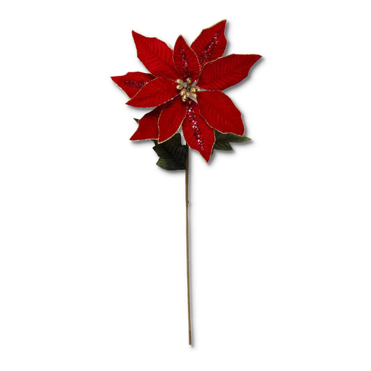 Red Velvet Poinsettia Stem with Sequins, Gold Trim and Center - 30"