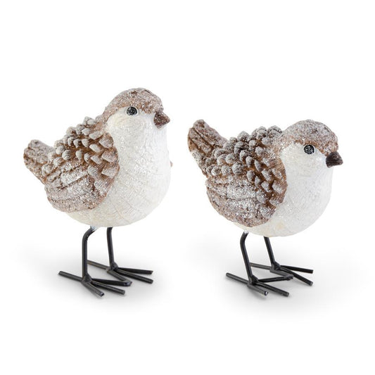 Brown and White Glittered Wood Grain Pinecone Bird - 2 Assorted Styles