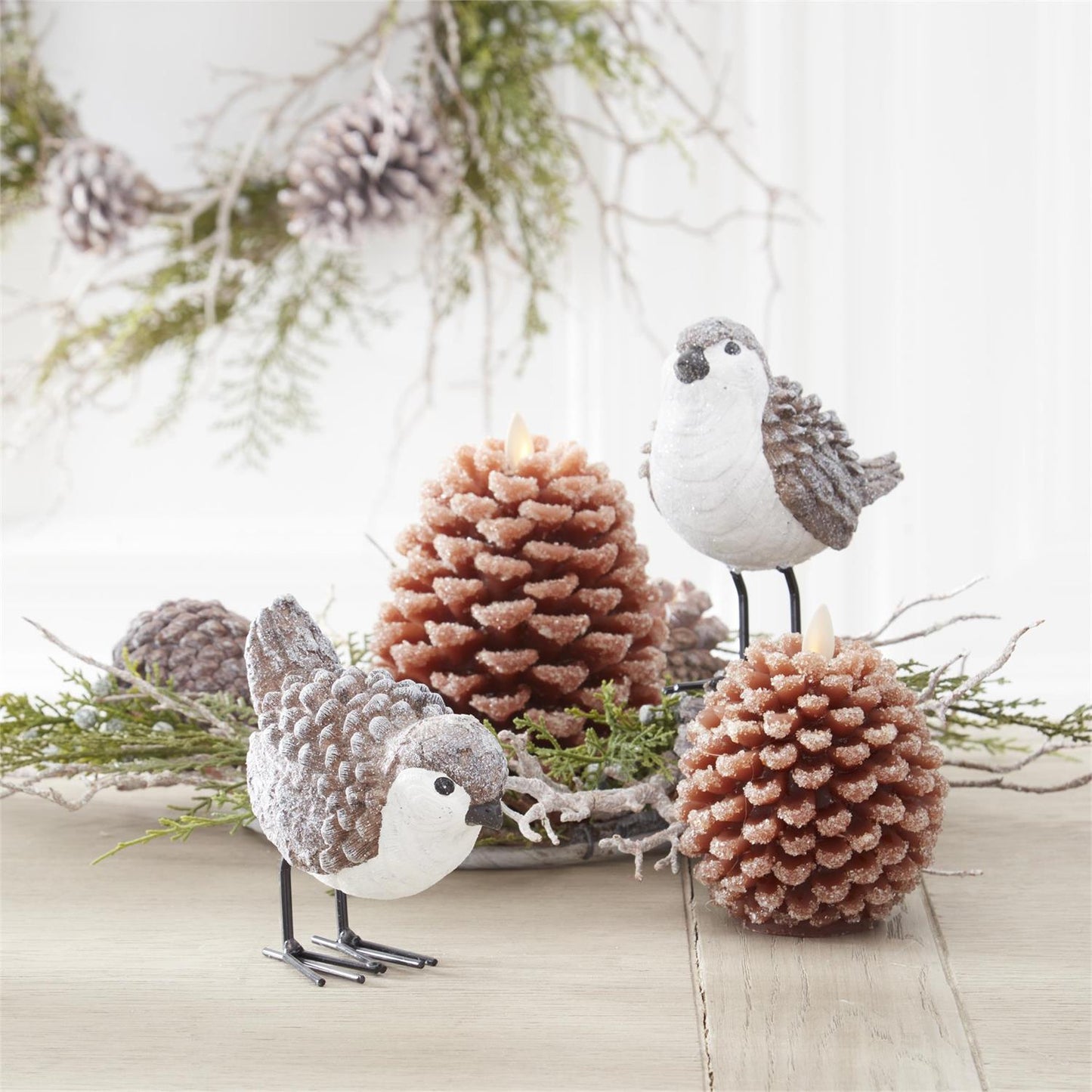 Brown and White Glittered Wood Grain Pinecone Bird - 2 Assorted Styles