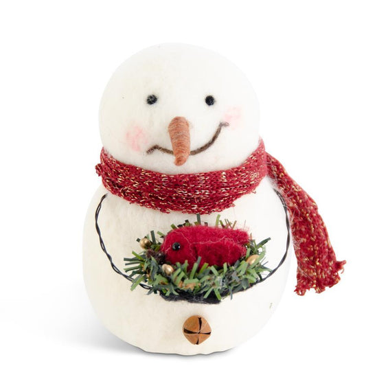 Wool Snowman Holding Cardinal in Nest - 5"