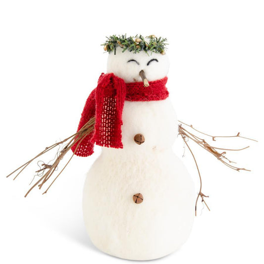 Wool Snowman with Twig Arms and Wreath Crown - 8.5"