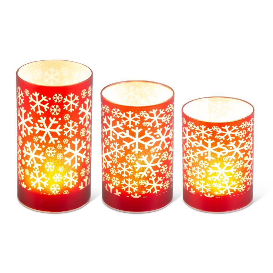 Red Laser Engraved Snowflake LED Cylinder with Timer - 5.75"