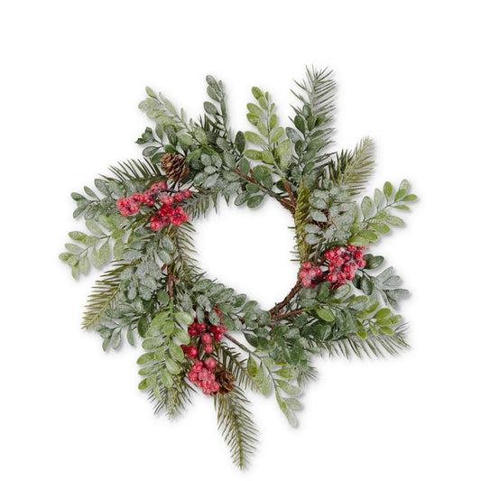 Glittered Boxwood Berry Pinecone and Fir Candle Ring - 11"