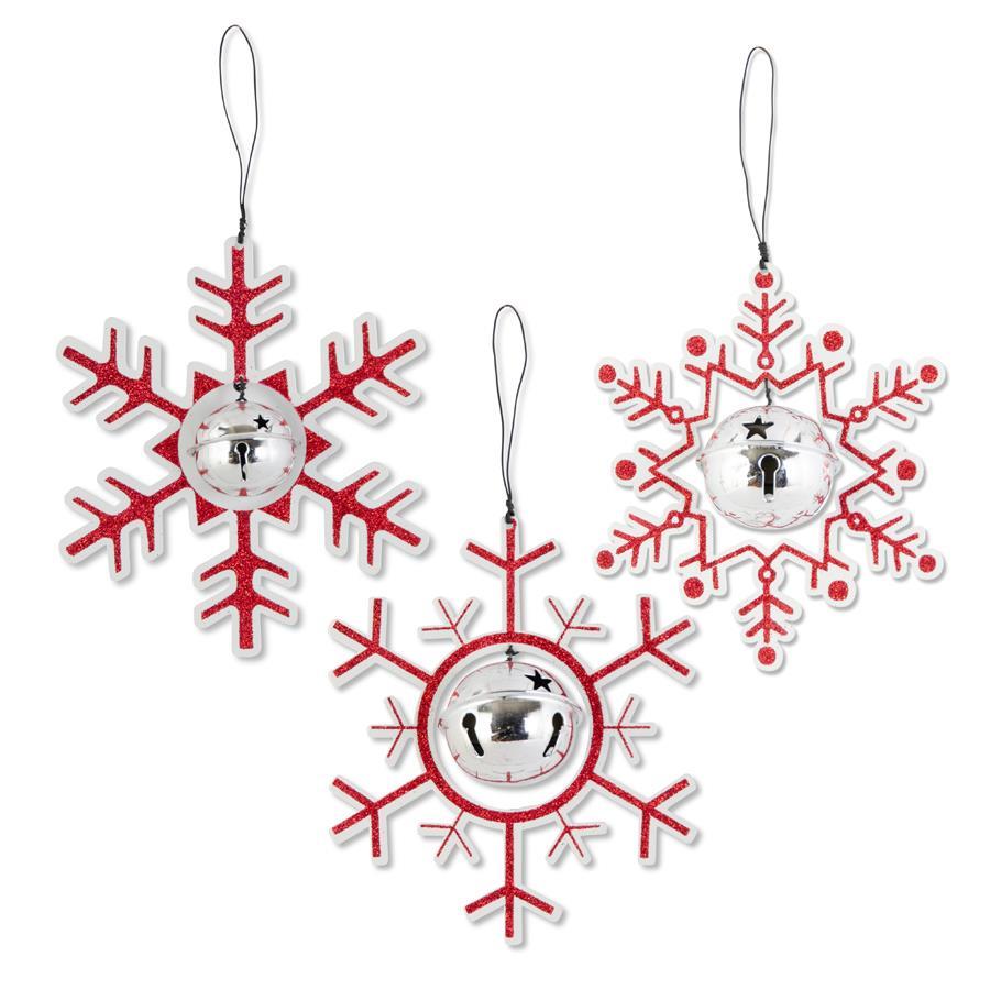 Red Glittered Enamel Snowflake Ornament with Jingle Bell - 3 Styles