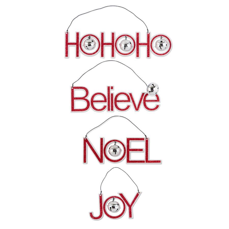 Red Glittered Enamel Holiday Message Ornaments with Jingle Bells - 4 Assorted Styles