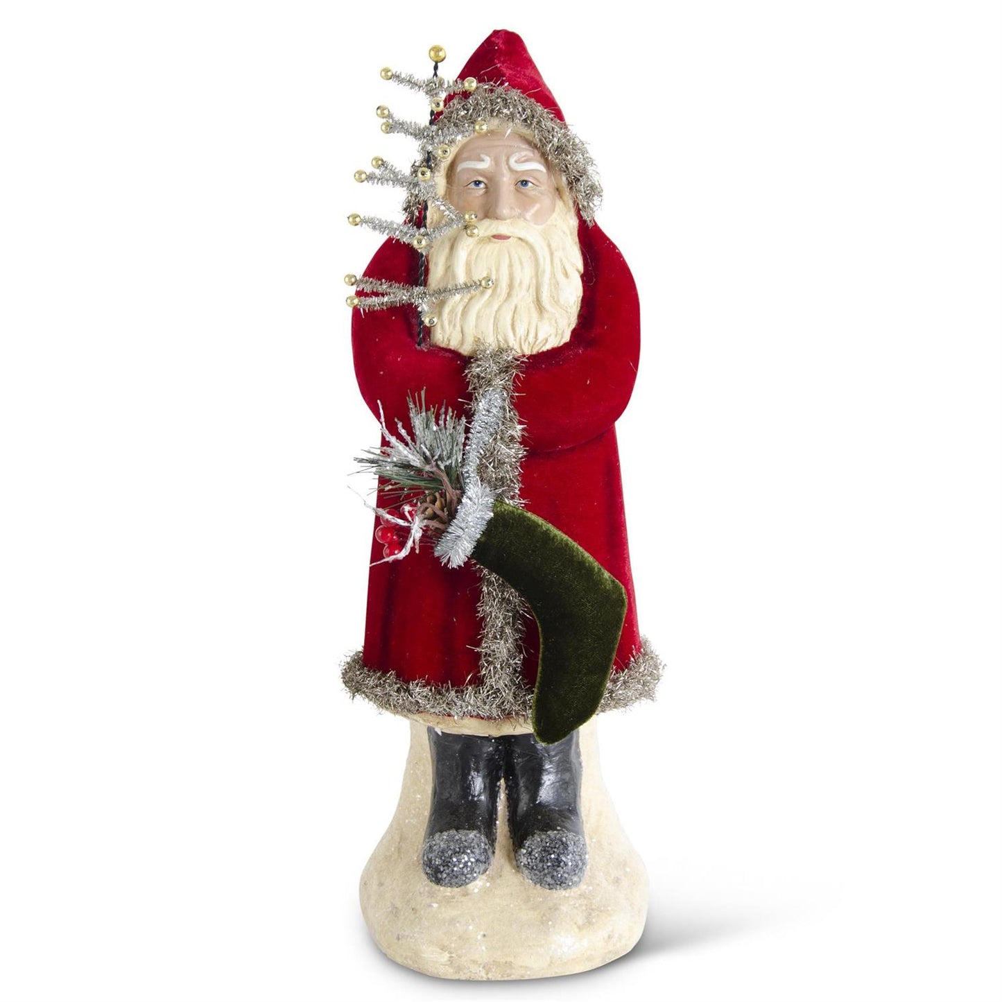 Santa with Dark Red Coat Holding Tree and Stocking - 16.75"