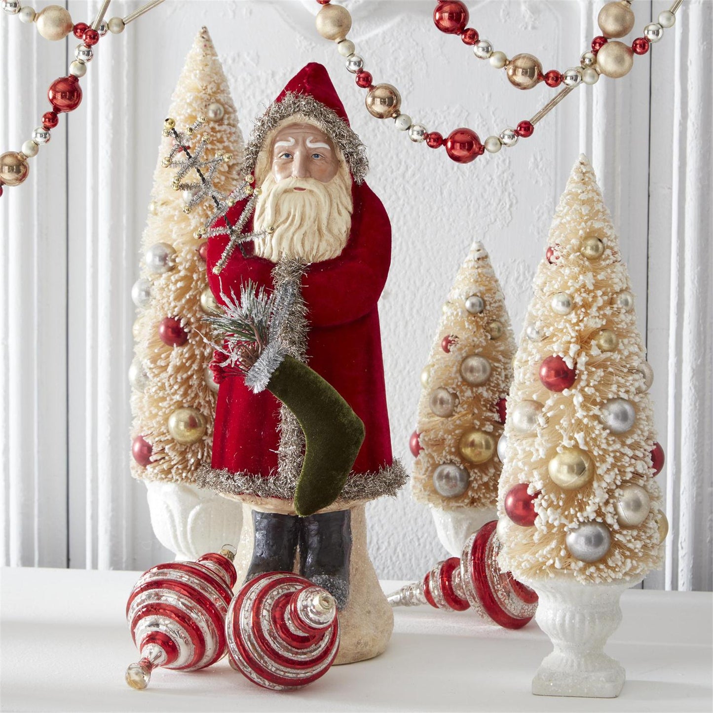 Santa with Dark Red Coat Holding Tree and Stocking - 16.75"