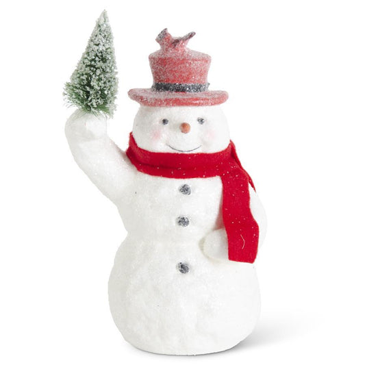 Sugar Glittered Snowman Holding Tree w/Red Top Hat - 10.25"